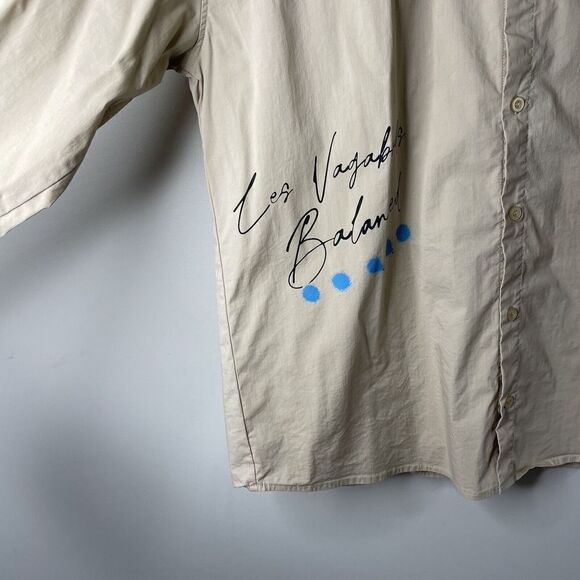 FOREVER 21 Shirt Mens Large L Khaki Tan Button-Up Graphic Design Harmony Balance - Picture 3 of 9